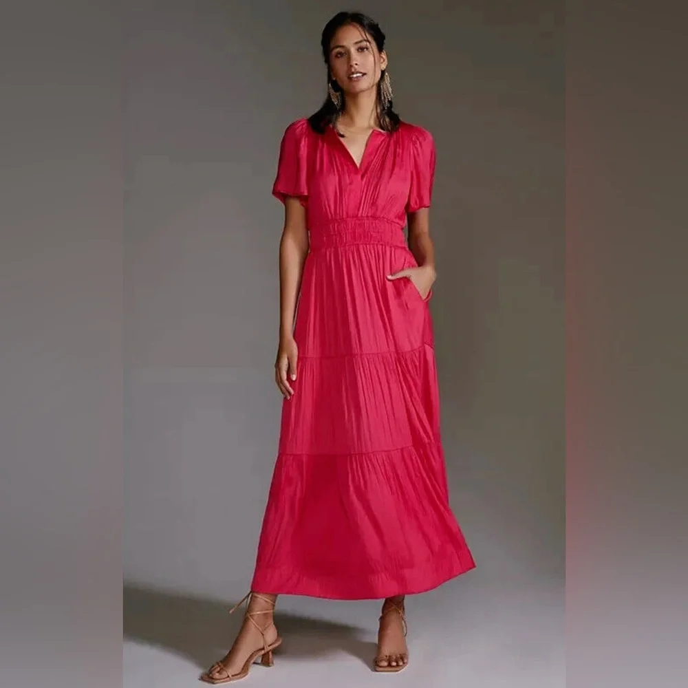 NWT Anthropologie Somerset Maxi Bright Pink Satiny Dress Sz M Pockets Flattering - Picture 3 of 14